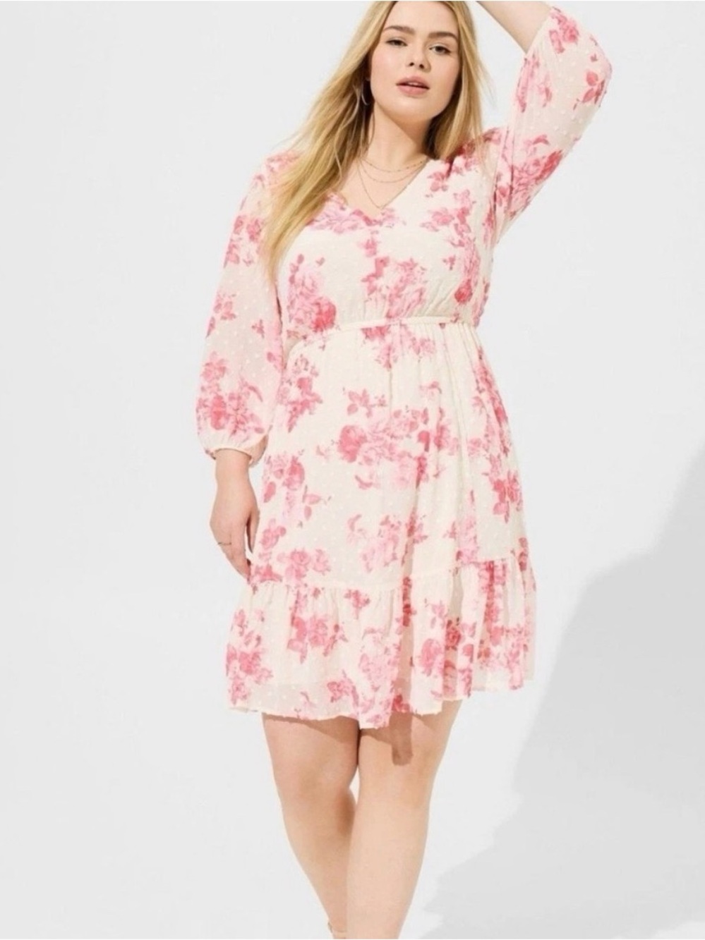 torrid Pink Floral V-Neck Tiered Mini Dress
